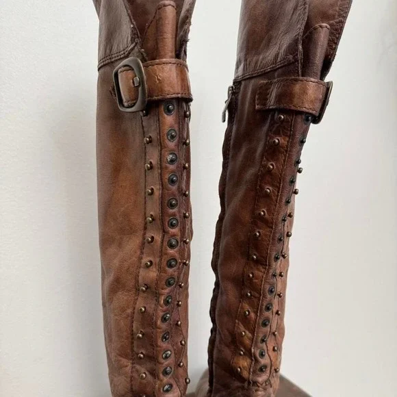 Knee-high brown leather boot buckle size 8.5 boho western riding moto - Picture 2 of 8